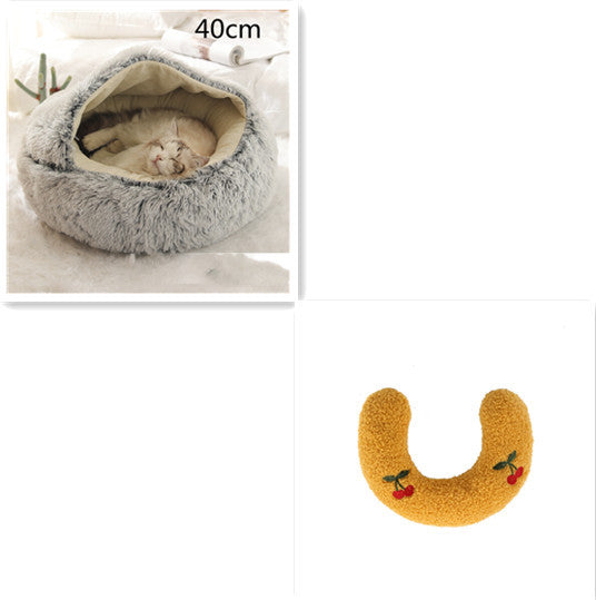 2-in-1 Round Plush Pet Bed & Warm House for Dogs and Cats - Winter Soft Long Plush Bed