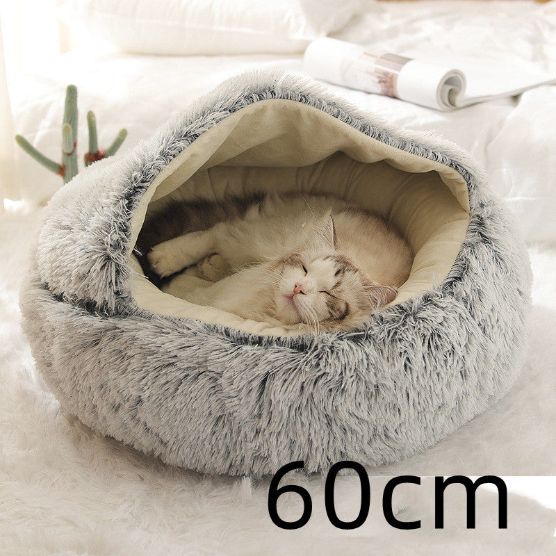 2-in-1 Round Plush Pet Bed & Warm House for Dogs and Cats - Winter Soft Long Plush Bed