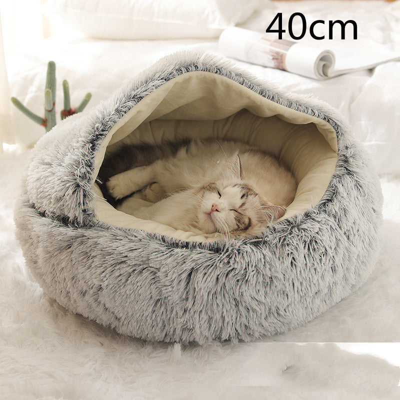 2-in-1 Round Plush Pet Bed & Warm House for Dogs and Cats - Winter Soft Long Plush Bed