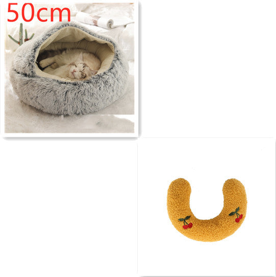 2-in-1 Round Plush Pet Bed & Warm House for Dogs and Cats - Winter Soft Long Plush Bed