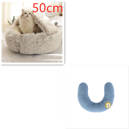 2-in-1 Round Plush Pet Bed & Warm House for Dogs and Cats - Winter Soft Long Plush Bed