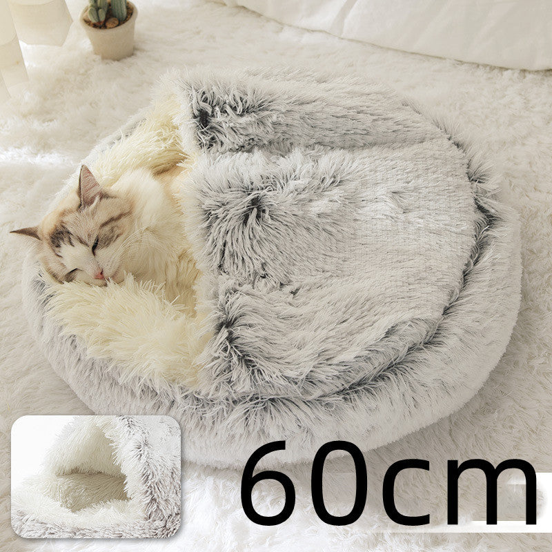2-in-1 Round Plush Pet Bed & Warm House for Dogs and Cats - Winter Soft Long Plush Bed