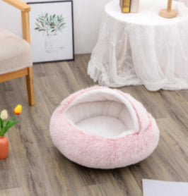 2-in-1 Round Plush Pet Bed & Warm House for Dogs and Cats - Winter Soft Long Plush Bed
