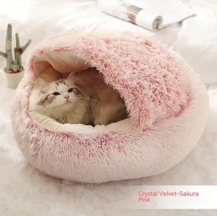 2-in-1 Round Plush Pet Bed & Warm House for Dogs and Cats - Winter Soft Long Plush Bed