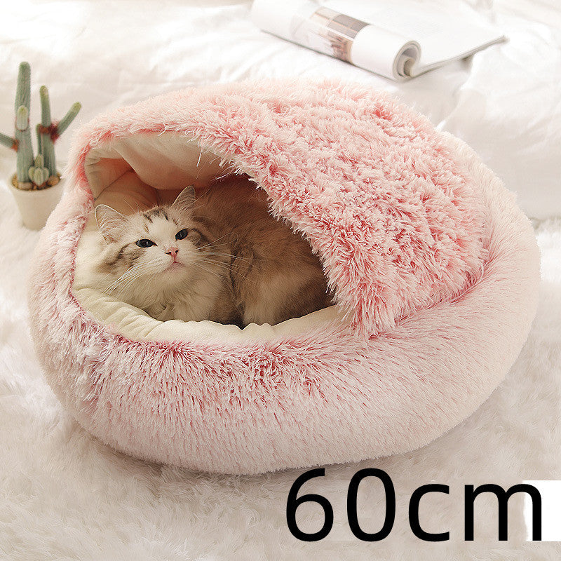 2-in-1 Round Plush Pet Bed & Warm House for Dogs and Cats - Winter Soft Long Plush Bed