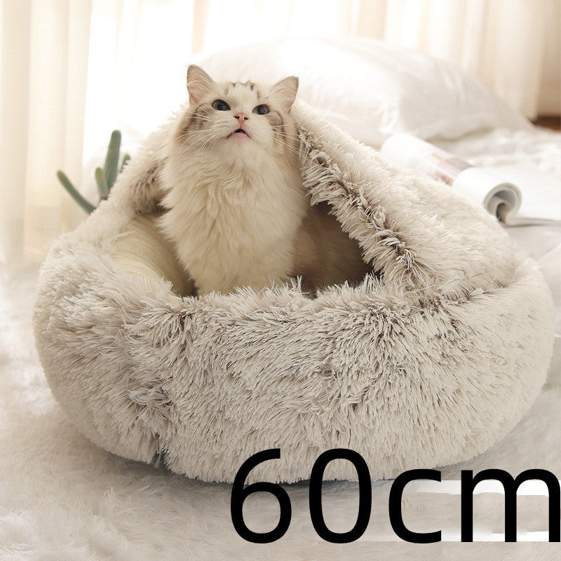 2-in-1 Round Plush Pet Bed & Warm House for Dogs and Cats - Winter Soft Long Plush Bed