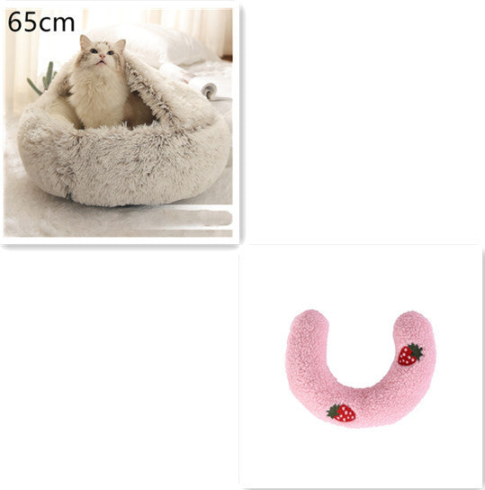2-in-1 Round Plush Pet Bed & Warm House for Dogs and Cats - Winter Soft Long Plush Bed