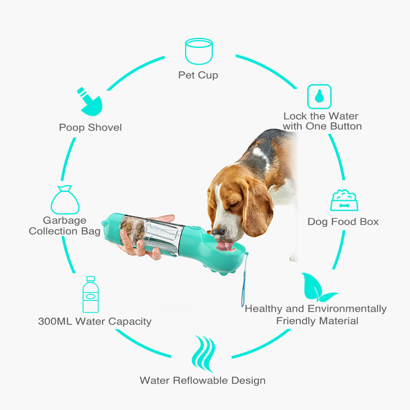 3-in-1 Portable Pet Water Bottle with Bowl & Waste Bag Dispenser | Outdoor Travel Dog & Cat Feeder