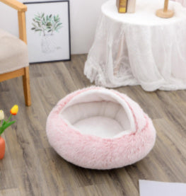 2-in-1 Round Plush Pet Bed & Warm House for Dogs and Cats - Winter Soft Long Plush Bed