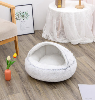 2-in-1 Round Plush Pet Bed & Warm House for Dogs and Cats - Winter Soft Long Plush Bed