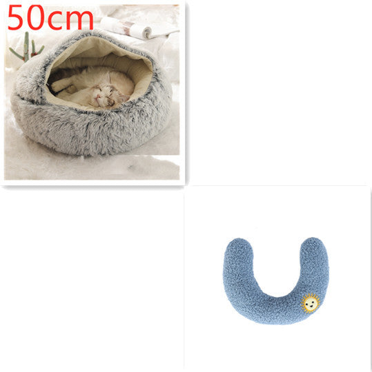 2-in-1 Round Plush Pet Bed & Warm House for Dogs and Cats - Winter Soft Long Plush Bed