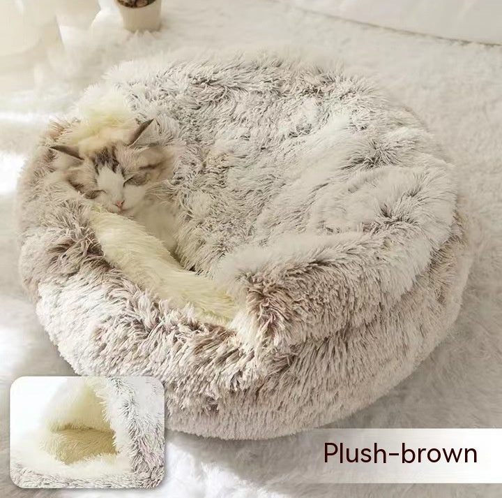 2-in-1 Round Plush Pet Bed & Warm House for Dogs and Cats - Winter Soft Long Plush Bed