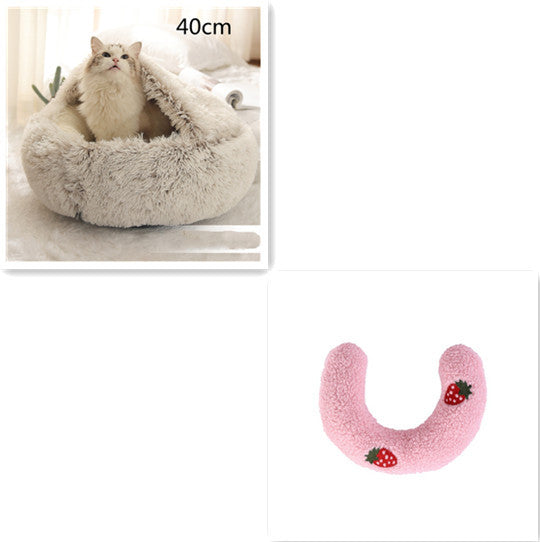2-in-1 Round Plush Pet Bed & Warm House for Dogs and Cats - Winter Soft Long Plush Bed